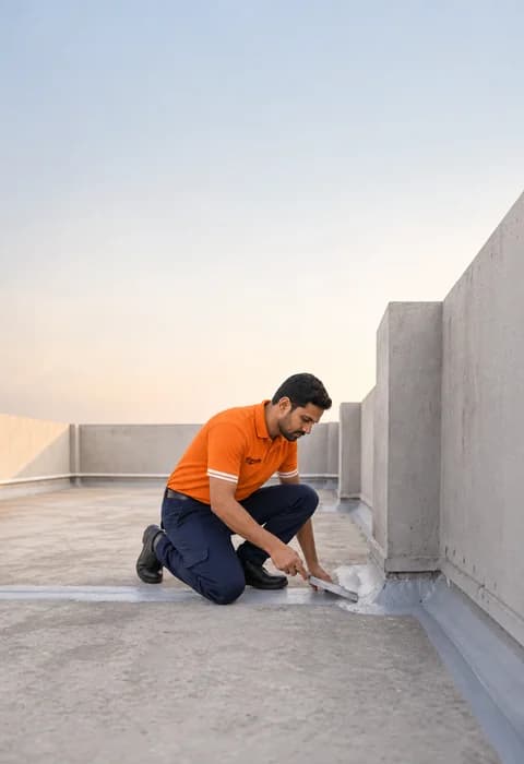 Technician executing waterproofing repair on a rooftop terrace