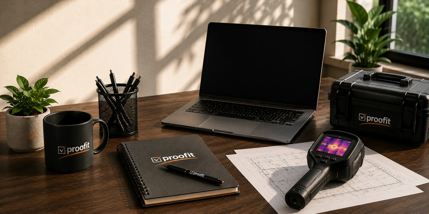 Proofit workspace with a laptop, branded inspection kit and thermal camera