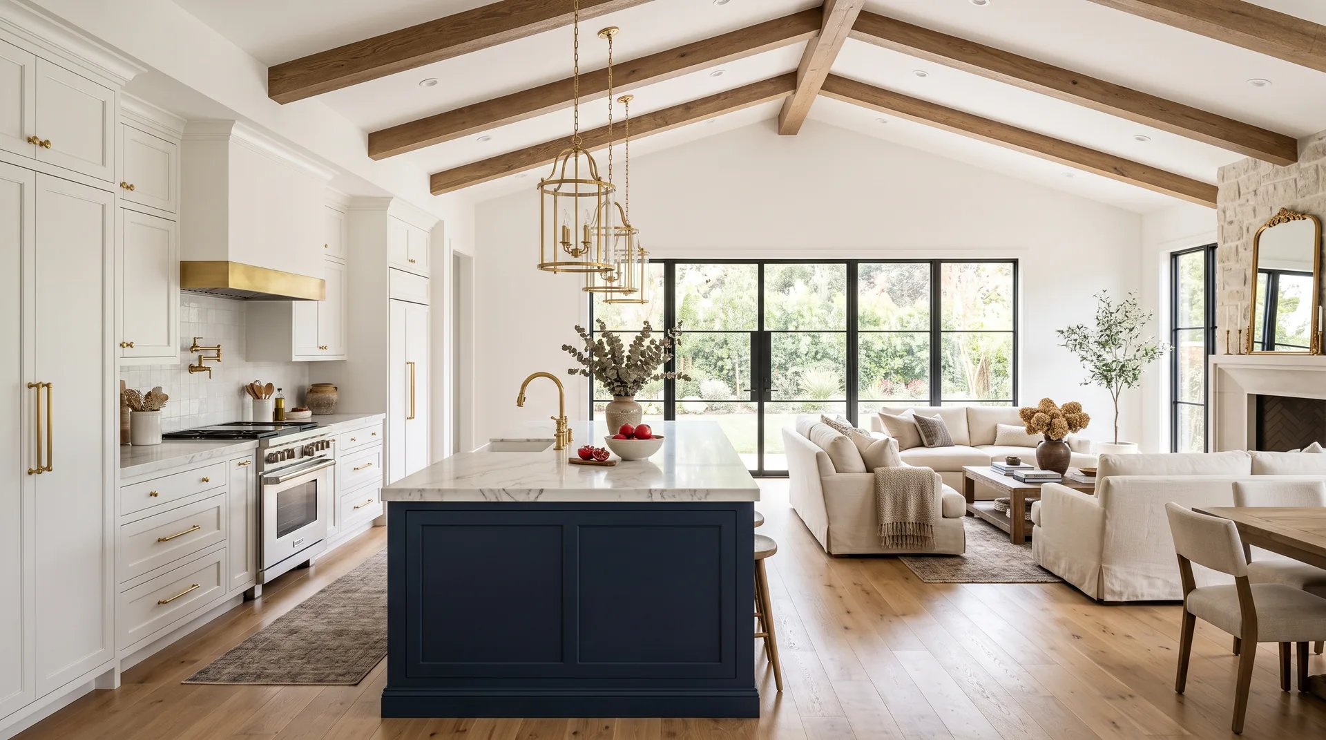 A bright home interior with a kitchen and living space