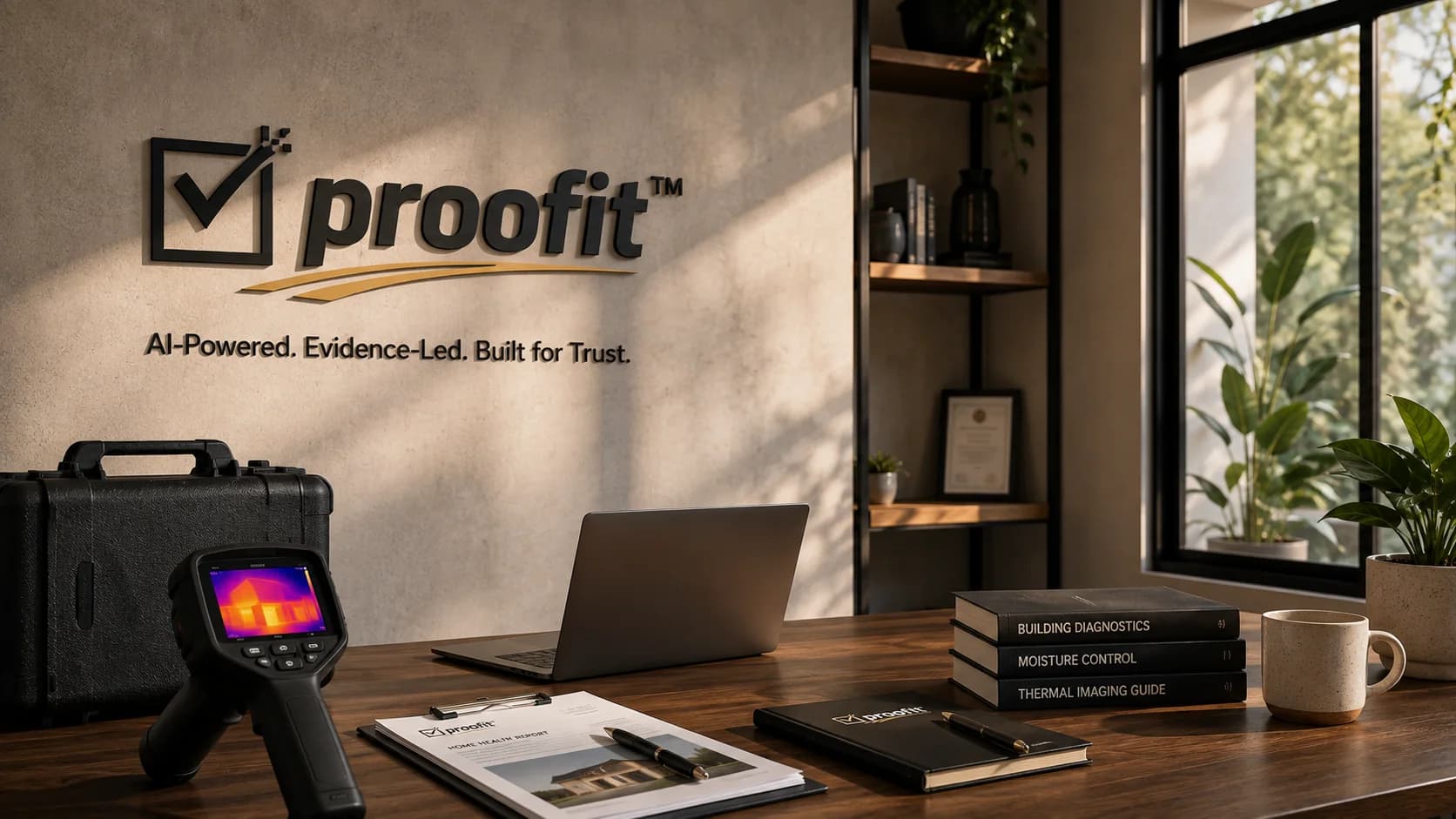 Proofit office with branded wall signage, thermal imaging equipment and inspection reports