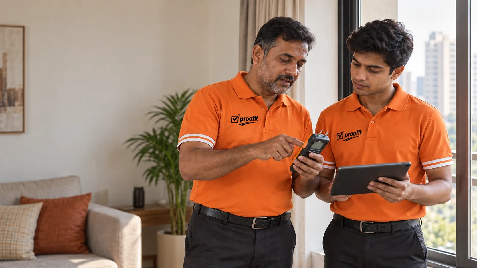 A senior Proofit inspector teaching a trainee to use a moisture meter in an apartment