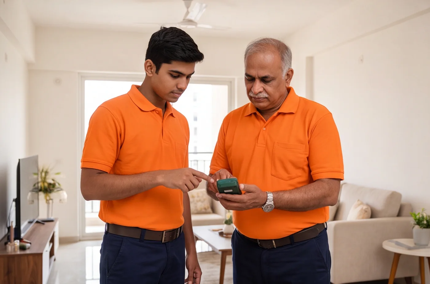 A trainee inspector learning to read a moisture meter beside a senior colleague