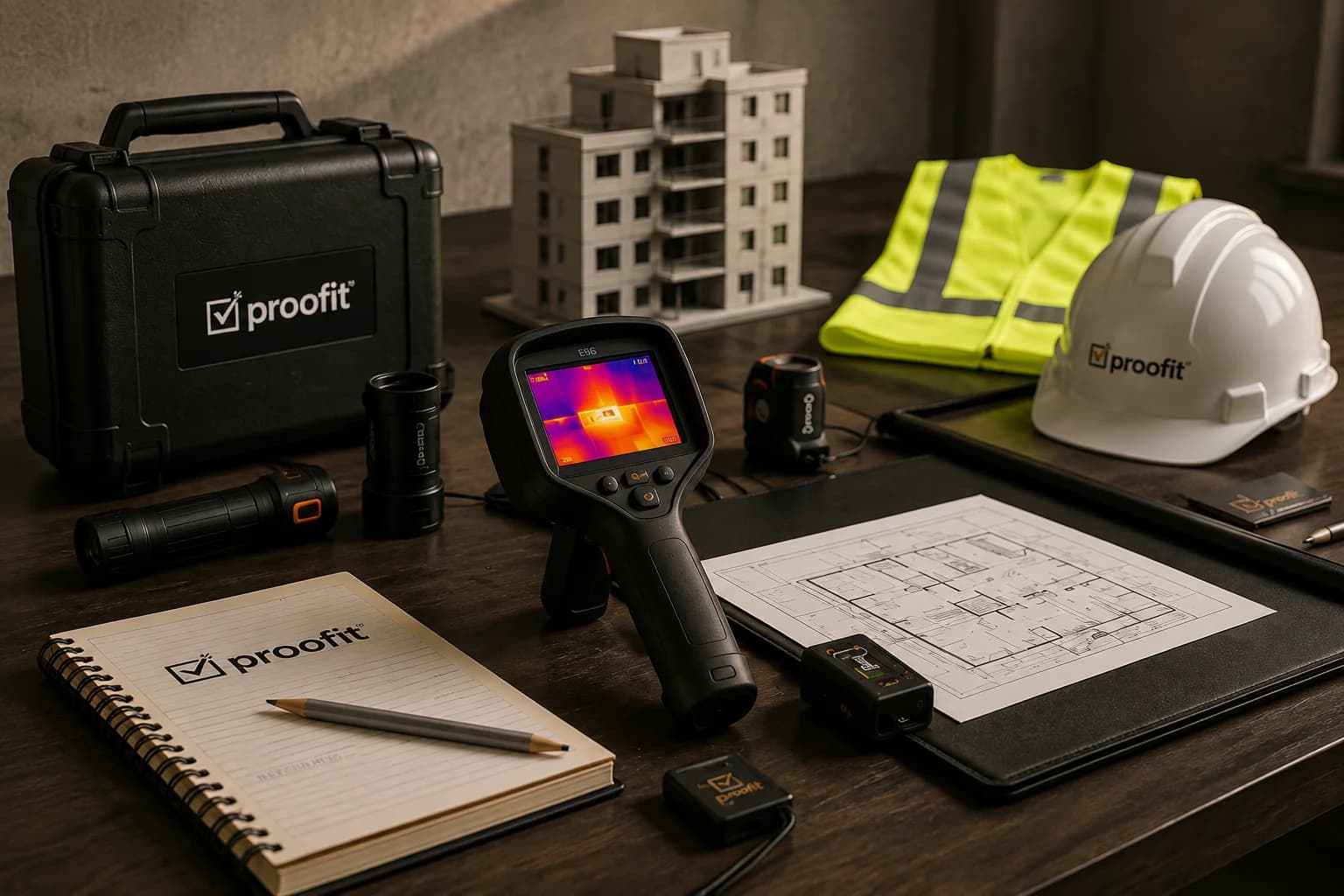 Proofit inspection equipment, thermal camera, safety helmet and building plans