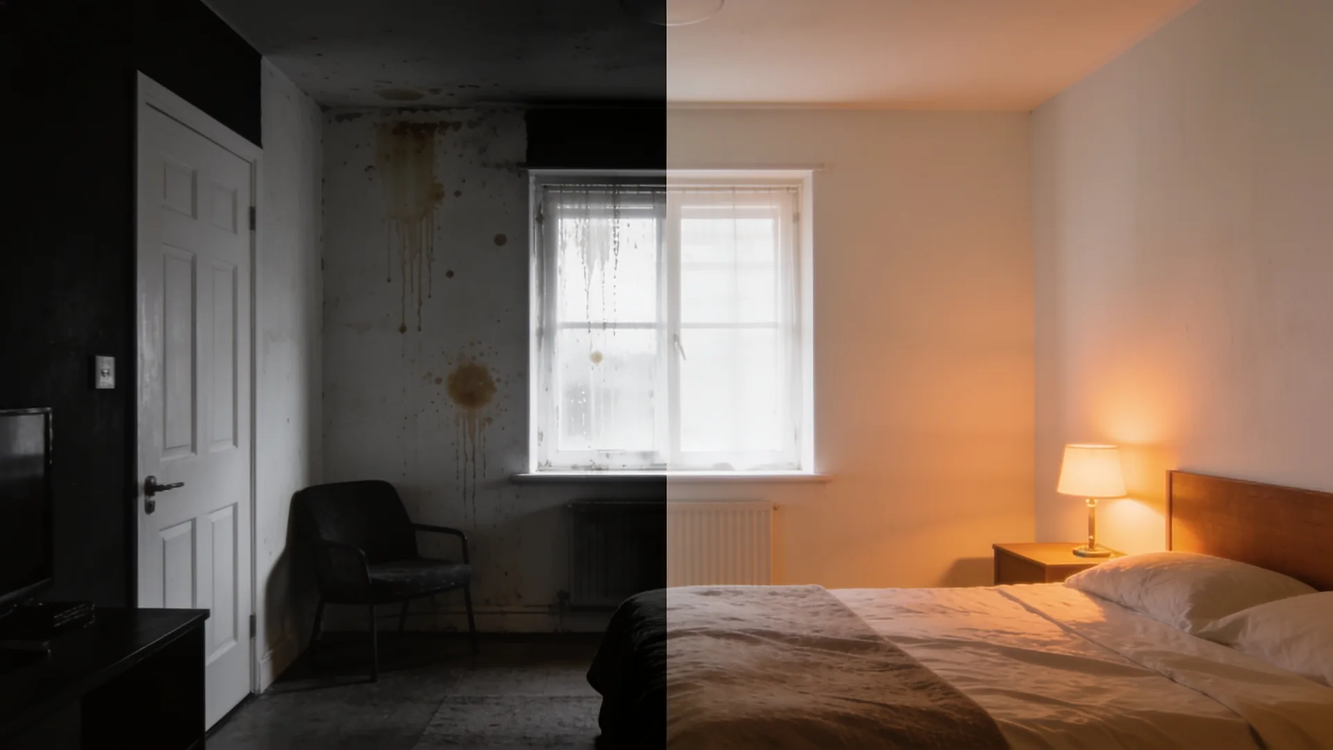 Split view of a room showing water damage and its thermal signature