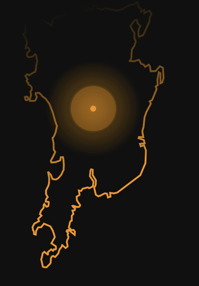 Orange outline map of Mumbai with a glowing location marker