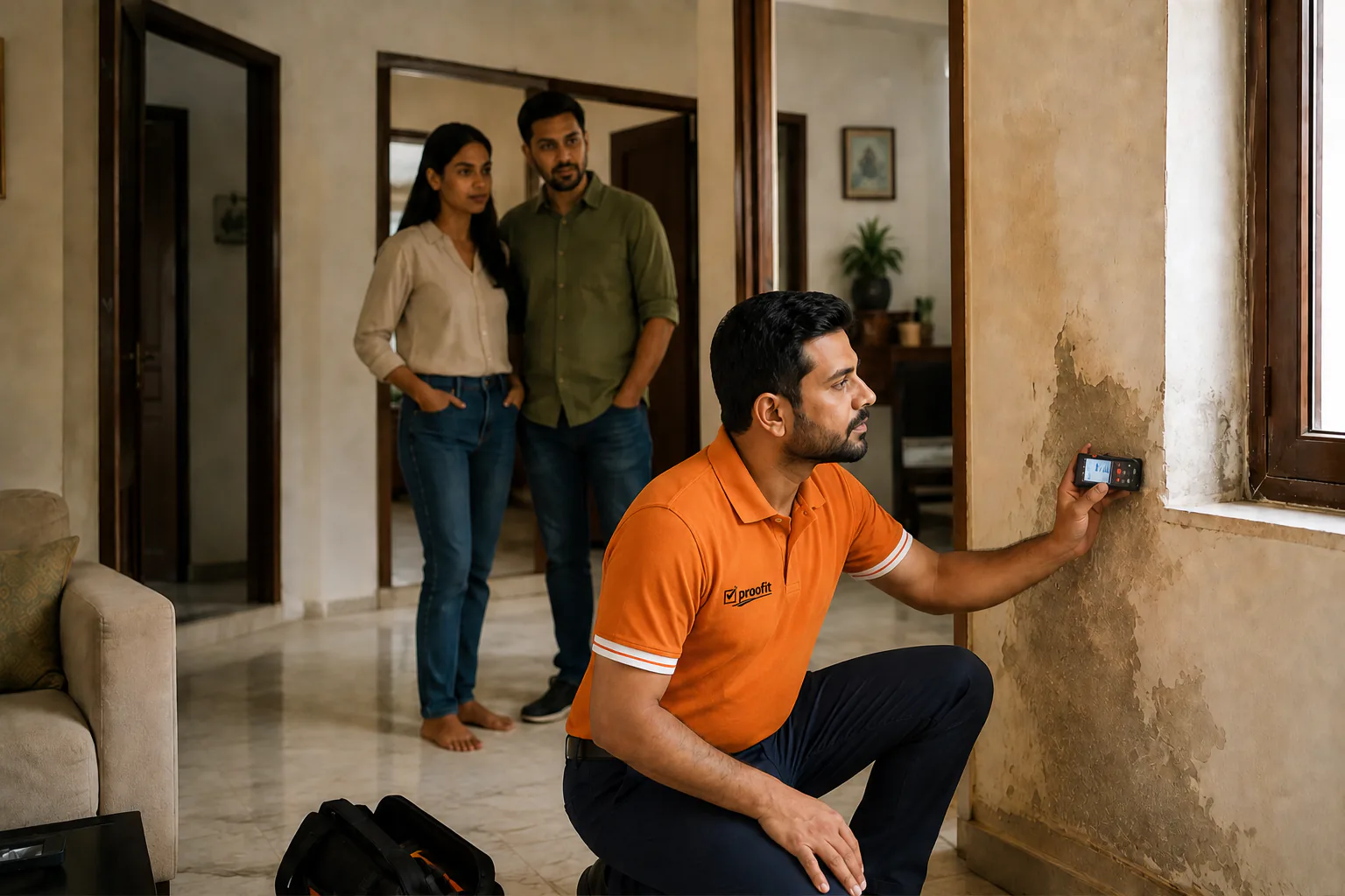 Proofit inspector checking a damp wall while homeowners observe