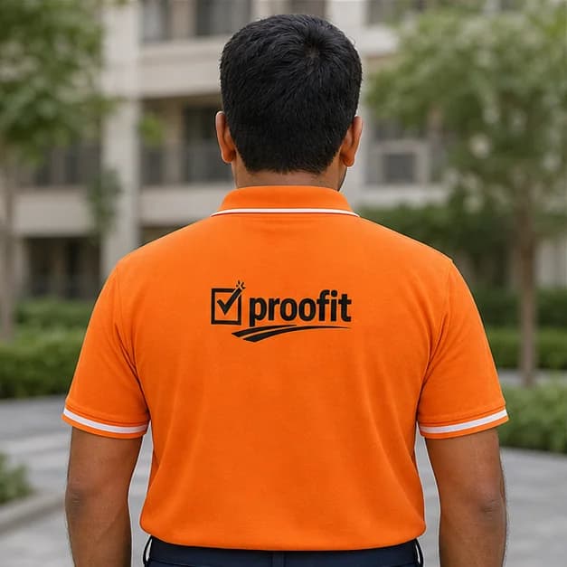 Dhyan Parekh wearing the orange Proofit team shirt, seen from behind