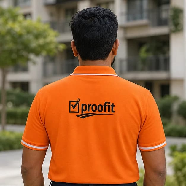Hardik Sampat wearing the orange Proofit team shirt, seen from behind