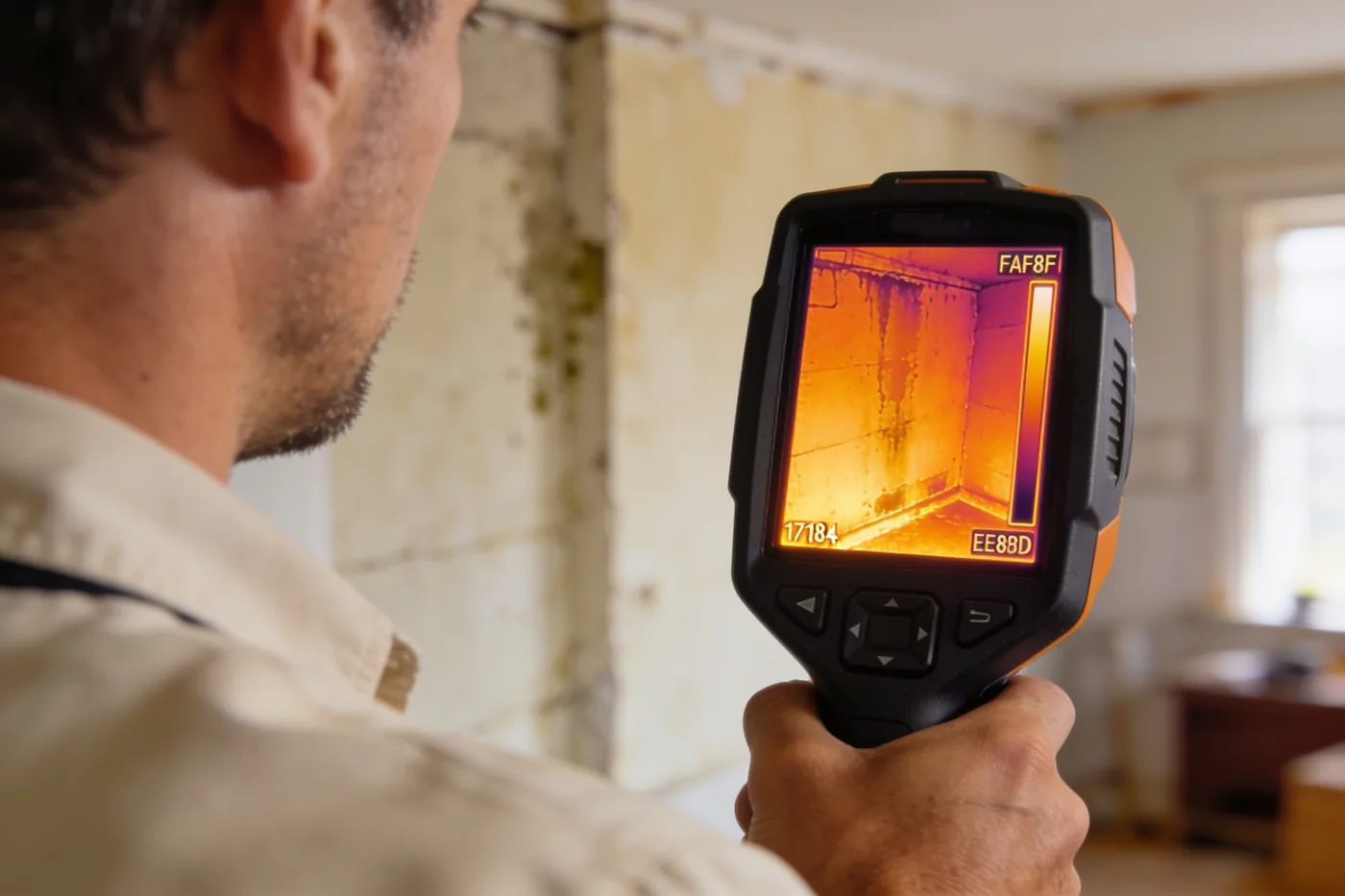 Thermal imaging camera screen showing a heat map of a damp interior wall