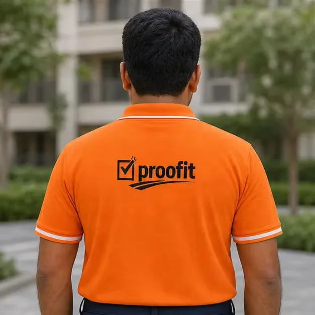 Dhyan Parekh wearing the orange Proofit team shirt, seen from behind